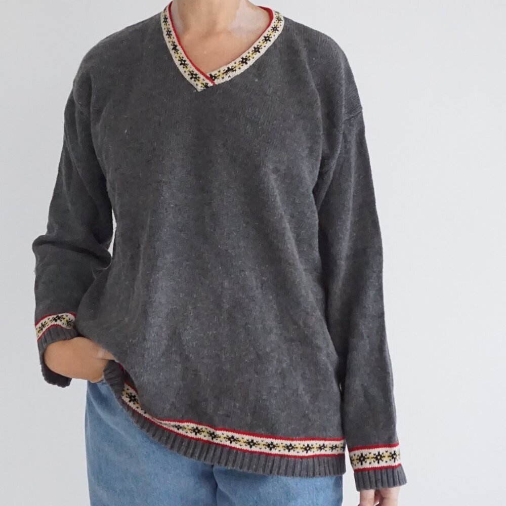 Vintage Jones New York Grey Fair Isle 55% Linen Knit Preppy Collegiate Sweater M